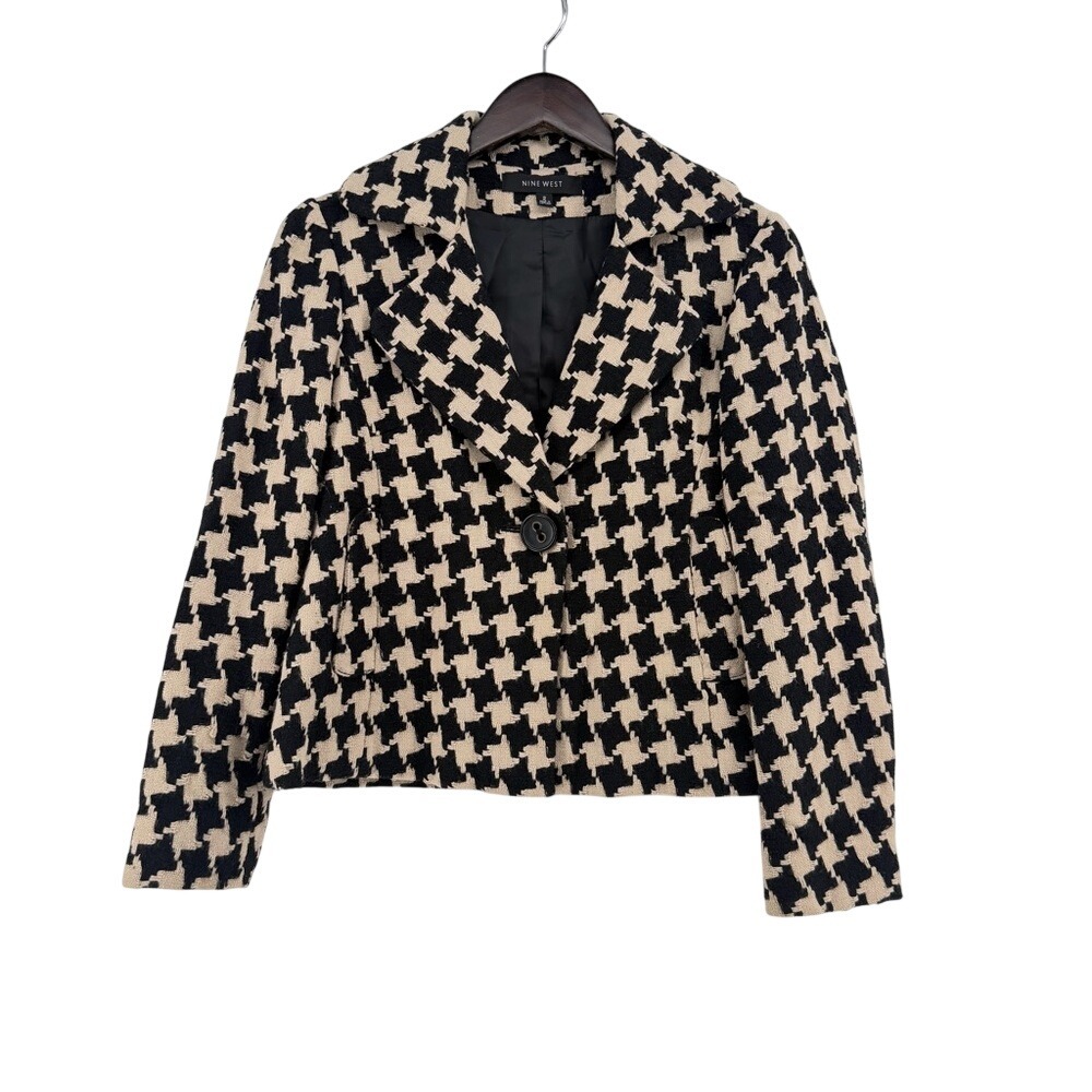 Nine West Womens Black Cream Houndstooth Blazer Single Button Career Jacket Sz 2